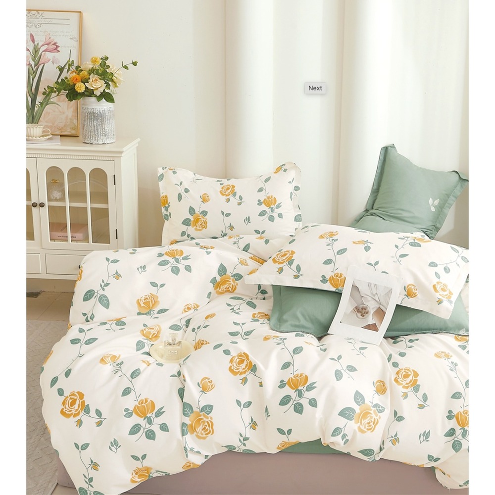 Blooming Casa Yellow Green Rose Floral Cotton Reversible Comforter Set Queen‎